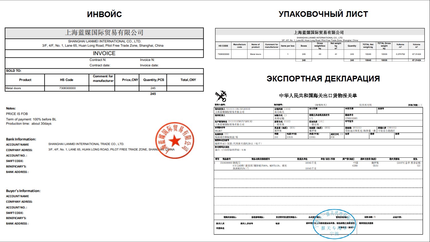 Комплект документов на партию: инвойс, упаковочный лист, экспортная декларация
